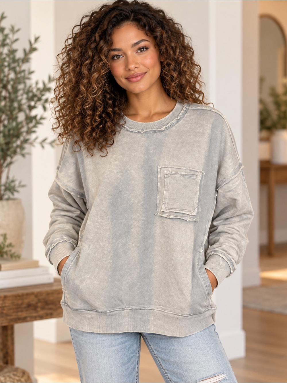 Zenana Mineral-Washed French Terry Pocket Sweatshirt – Sleet 🩶
